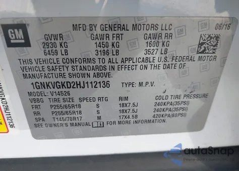 2017 Chevrolet Traverse 1Lt from USA, damaged, VIN 1GNKVGKD2HJ112136